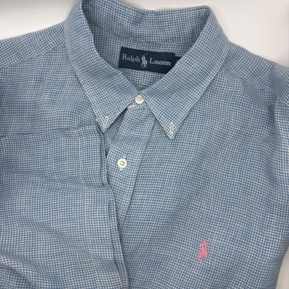 Ralph Lauren Men Linen Gingham Shirt Short Sleeve Button Down Pink Pony XL